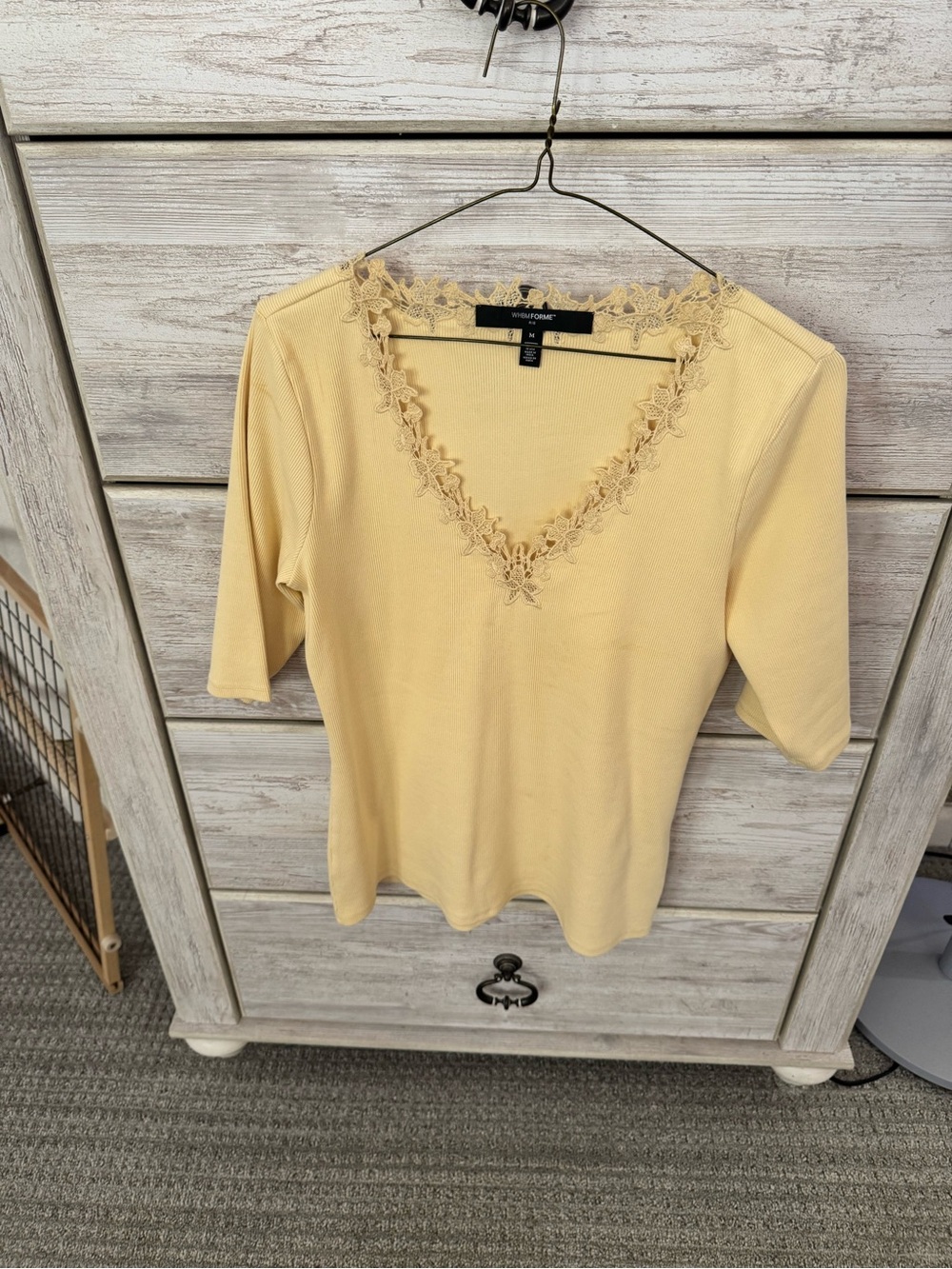 White House Black Market Pale Yellow Lace-Trim V-Neck Short Sleeve Top